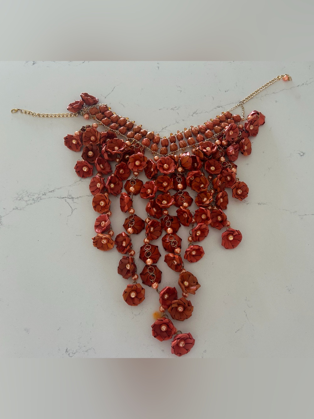 Gold-Tone Floral Cluster Necklace in Rust Red